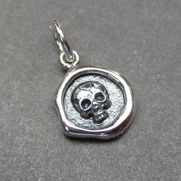 Sterling Silver Wax Seal Style Skull Necklace Charm, Bracelet Charm, Halloween Pendant, Skull Jewelry, Day of The Dead Charm, Talisman Charm