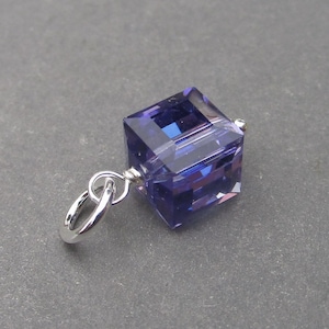Tanzanite Purple AB Crystal 8mm Cube Bracelet Charm, Sterling Silver December Birthstone Jewelry