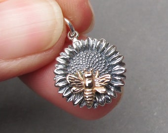 Sterling Silver Sunflower and Honey Bee Necklace Pendant Charm