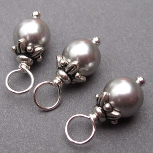 Sterling Silver Pearl Necklace Charms, Silver Grey Gray Crystal Pearl Bead Dangles, Bracelet Earring Charms, Add a Charm, Stitch Markers image 1