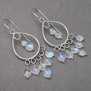 Moonstone Chandelier Earrings, Sterling Silver Rainbow Moonstone Dangle Drops, June Birthstone Drop Earrings, Gift for Her Wife Girlfriend