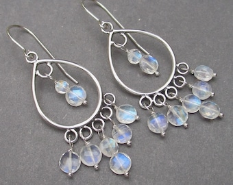 Moonstone Chandelier Earrings, Sterling Silver Rainbow Moonstone Dangle Earrings, June Birthstone Drop Earrings