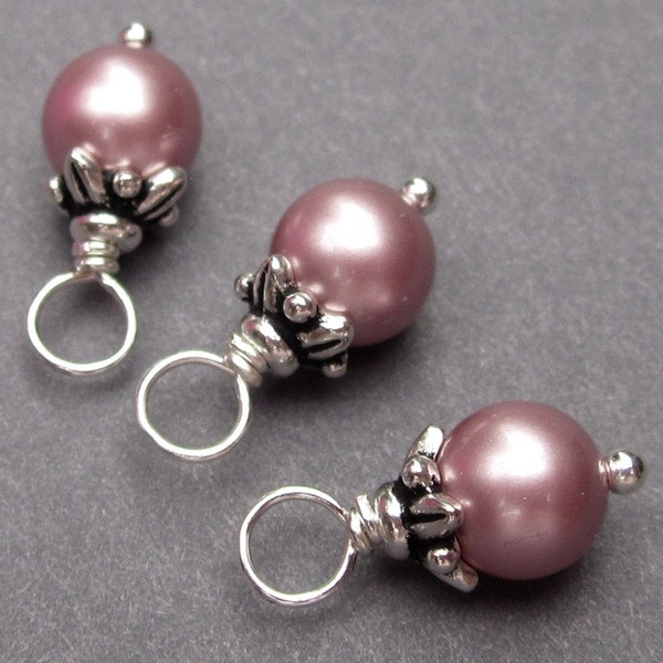 Sterling Silver Rose Pink Pearl Charms, Stitch Markers, Earring Charms, 6mm Pearl Dangles, Necklace Charms, Charms for Bracelet