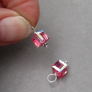Rose Pink Crystal Cube Charms, October Birthstone Interchangeable Hoop Earring Charm Pairs, Bead Dangle Drops