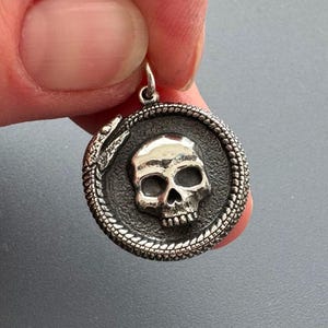 Sterling Silver Snake and Skull Charm for Necklaces and Bracelets, Halloween Pendant, Gift for Boyfriend, Day of The Dead Talisman Charm