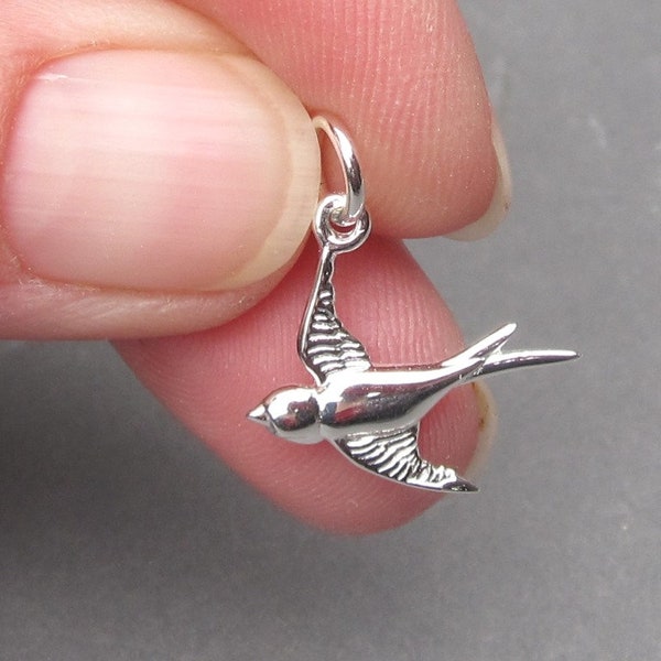 Bird Necklace Charm, Sterling Silver Bird Charm, Soaring Dove Swallow Bracelet Charm, Gift for Bird Lover, Necklace Pendant