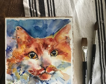 Cat Art, yellow orange and white long haired tiger cat watercolor painting mounted on to wood panel and varnished   "Honesty"