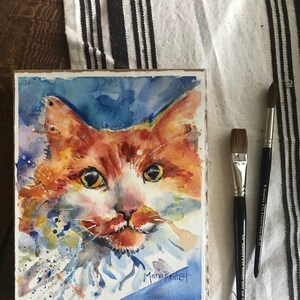 Cat Art, yellow orange and white long haired tiger cat watercolor painting mounted on to wood panel and varnished Honesty image 1