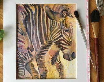 Zebra  wildlife zoo watercolor painting, painted in pastel colors, Heads or Tails.