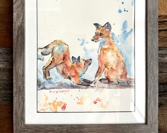 Fox watercolor original art, on archival watercolor paper, two fox kits playing, children's room decor, natural boho art, wildlife art