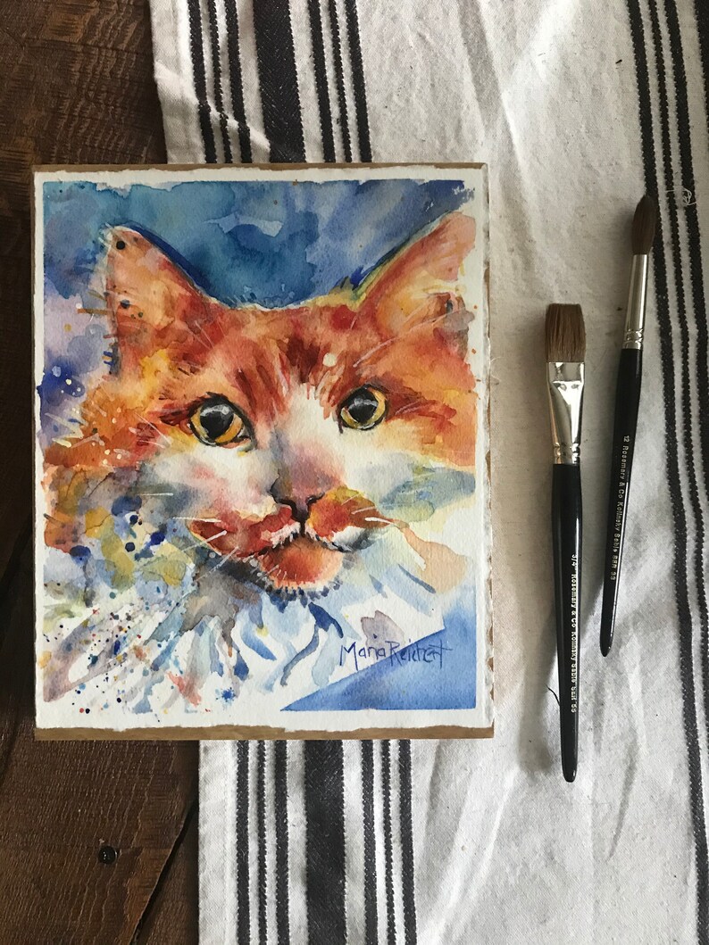 Cat Art, yellow orange and white long haired tiger cat watercolor painting mounted on to wood panel and varnished Honesty image 1