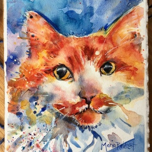 Cat Art, yellow orange and white long haired tiger cat watercolor painting mounted on to wood panel and varnished Honesty image 3