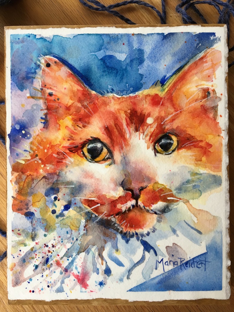 Cat Art, yellow orange and white long haired tiger cat watercolor painting mounted on to wood panel and varnished Honesty image 3