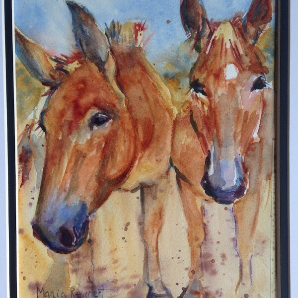 Two Mules Watercolor Painting Art, Better Together