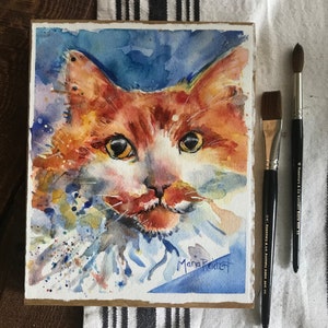 Cat Art, yellow orange and white long haired tiger cat watercolor painting mounted on to wood panel and varnished Honesty image 2