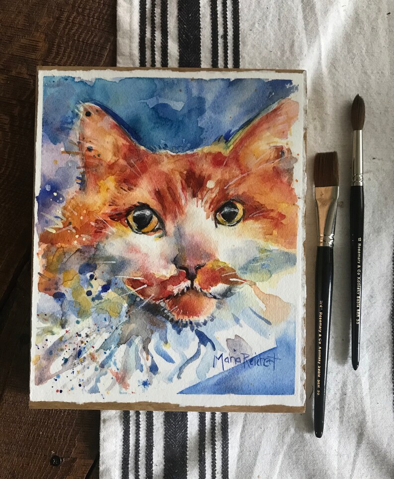 Cat Art, yellow orange and white long haired tiger cat watercolor painting mounted on to wood panel and varnished Honesty image 2