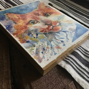 Cat Art, yellow orange and white long haired tiger cat watercolor painting mounted on to wood panel and varnished Honesty image 7