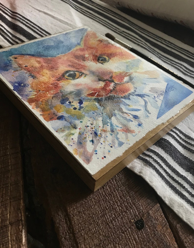 Cat Art, yellow orange and white long haired tiger cat watercolor painting mounted on to wood panel and varnished Honesty image 7