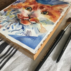 Cat Art, yellow orange and white long haired tiger cat watercolor painting mounted on to wood panel and varnished Honesty image 6