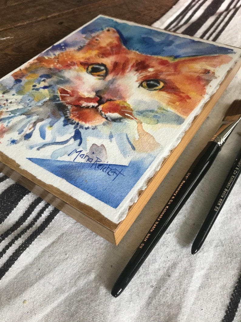 Cat Art, yellow orange and white long haired tiger cat watercolor painting mounted on to wood panel and varnished Honesty image 6