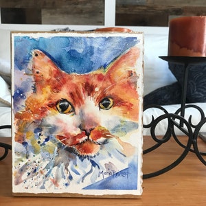 Cat Art, yellow orange and white long haired tiger cat watercolor painting mounted on to wood panel and varnished Honesty image 4