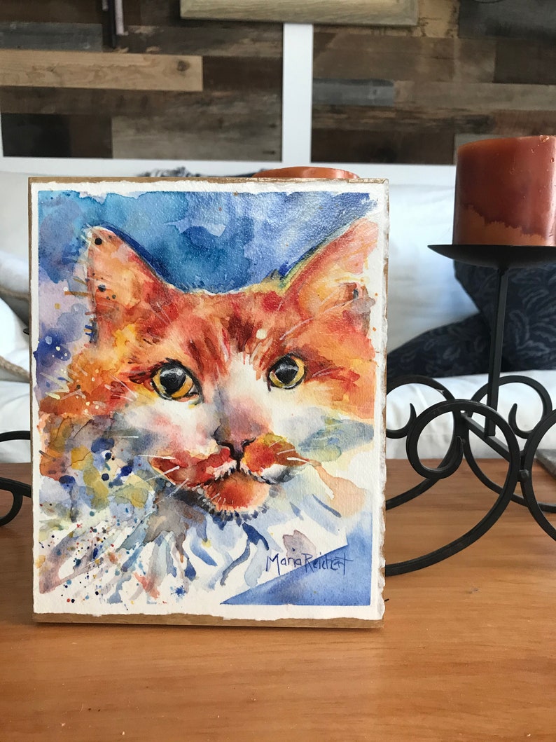 Cat Art, yellow orange and white long haired tiger cat watercolor painting mounted on to wood panel and varnished Honesty image 4