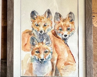 Fox Watercolor Painting, three fox kits painted on archival watercolor paper, Original Art