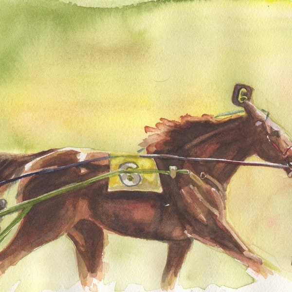 Art original signed watercolor painting of horse standardbred trotter pacer race horse "Speed"