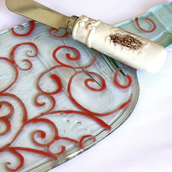 Flattened Bottle Melted Bottle Slumped Bottle Cheese and Cracker Tray  Bacardi red scrolls recycled Fused Glass