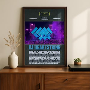 May include: A framed poster featuring a dark background with a central photograph of a stage illuminated by bright blue and purple lights. The text reads DJ HEARTSTRING, along with descriptive biographical information about the musical duo.