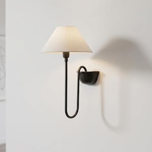 Modern Blackened Brass Wall Sconce with Linen Shade, Minimalist U-Shape Sconce, Mid Century Modern Wall Light, Luxury Bedside Reading Lamp