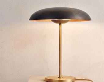 Mid Century Brass mushroom Table Lamp: Brushed Brass, Minimalist Scandinavian Desk Light Fixture