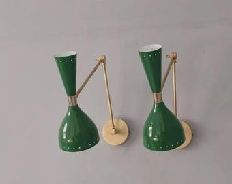 Beautiful Pair of Italian Mid-Century Brass Wall Sconces – Green Shades