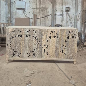Hand Carved Mango Wood Sideboard: Floral Boho Console Cabinet