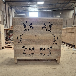 Hand-Carved Floral Wood Chest: Solid Mango Wood Dresser, Boho Bedroom Furniture