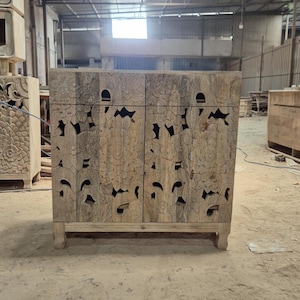 Hand-Carved Mango Wood Sideboard: Floral Indian Furniture TV Unit