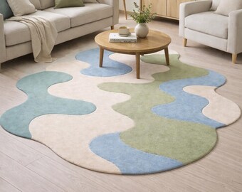 Modern Irregular Wavy Rug, Hand-Tufted Pastel Abstract Carpet for Living Room, Cute Aesthetic Scalloped Area Rug 8x10 ft, Soft Wool Rugs
