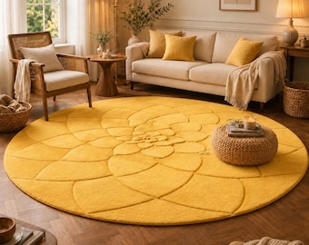 Yellow Round Rug, Floral Tufted Area Rug, Modern Circle Carpet, Handmade Living Room Rug, Soft Plush Bedroom Decor custom size available