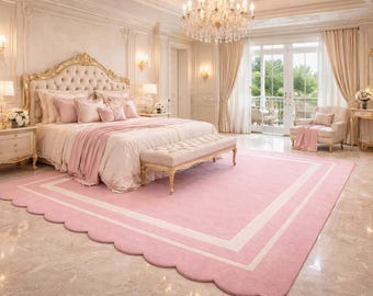 Hand Tufted Scalloped Rug, Modern Pink Wool Carpet for Bedroom, Luxury Custom Area Rug, Soft Nursery Rug, Large 9x12 ft Living Room Decor