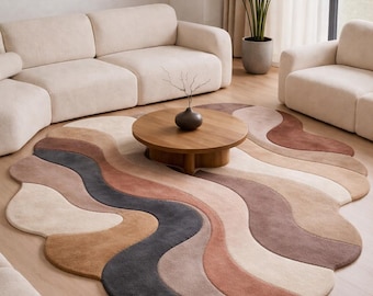 Hand Tufted Abstract Area Rug, Modern Wavy Neutral Rug, Luxury Wool Tufted Carpet for Living Room, Bedroom & Home Decor, Soft Plush Custom R