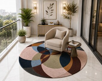 Modern Abstract Round Rug 8x10 ft Hand Tufted Wool Carpet Luxury Mid Century Colorful Area Rug for Living Room Custom Large Floor Covering