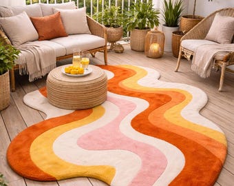 Abstract Wavy Hand Tufted Rug, Modern Organic Shape Wool Rug, Boho Sculptural Area Rug for Living Room Bedroom, Soft Plush Custom Handmade C