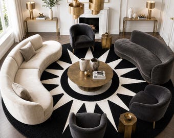 Hand Tufted Round Rug Large Black White Sunburst Area Carpet Modern Art Deco Circular Wool Rug Luxury Custom Mid Century Rug 8x10 Round 9x12