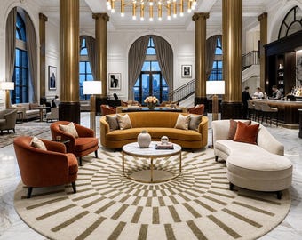 Art Deco Round Sunburst Rug, Large Hand Tufted Wool Carpet, Modern Beige  Olive Geometric Area Rug for Luxury Living Room & Hotel Decor