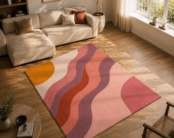 Retro Wavy Hand Tufted Wool Rug Abstract Mid Century Modern Carpet 8x10 ft Large Area Rug Living Room Boho Aesthetic Decor
