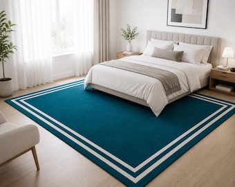 Modern Teal Area Rug, Minimalist Bedroom Rug, Double Border Carpet, Luxury Contemporary Floor Rug,  Blue Rug Decor custom size available