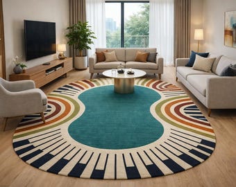 Luxury Hand Tufted Round Rug, Modern Piano Key Area Rug, Handmade Wool Carpet, Abstract Geometric Living Room Rug