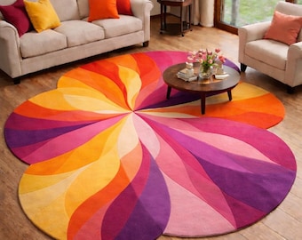 Handmade Wool Tufted Rug, Modern Flower Area Rug, Colorful Round Statement Rug, Living Room Rug, Girls Bedroom Carpet