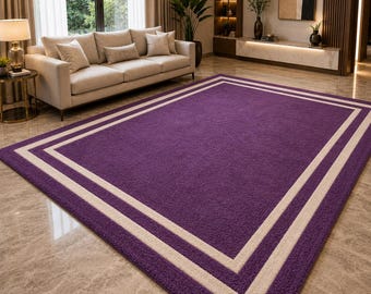 Hand-Tufted Purple Area Rug, Modern Minimalist Border Carpet, Large Living Room Wool Rugs, Custom Luxury Entryway Mat, Handcrafted 8x10 Ft