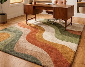 Hand Tufted Abstract Area Rug, Modern Wavy Pattern Rug, Boho Earth Tone Wool Rug, Mid Century Contemporary Carpet for Living Room Bedroom Ho